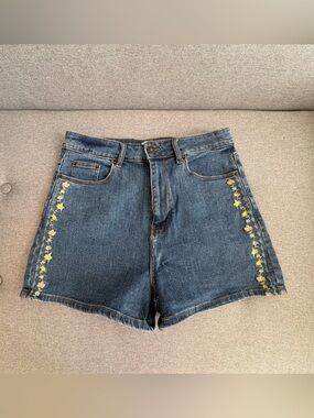 High-Rise Blue Denim Shorts with Yellow Floral Side Embroidery
